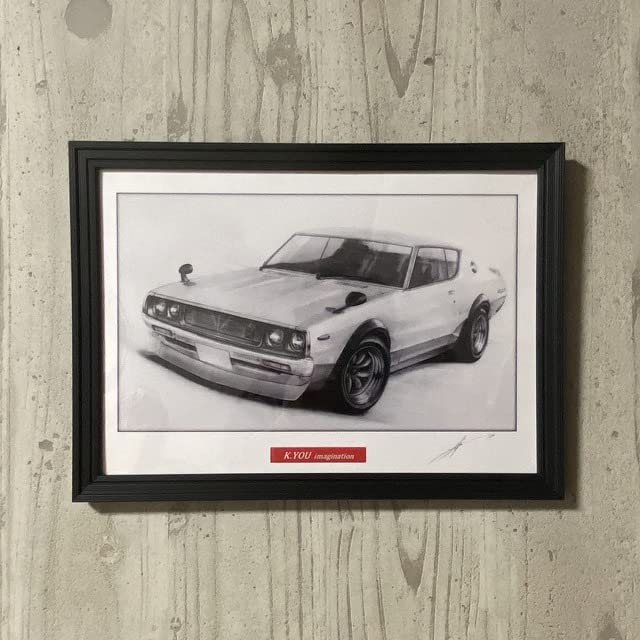 車の鉛筆画 木製フレーム付き 車の鉛筆画 木製フレーム付き